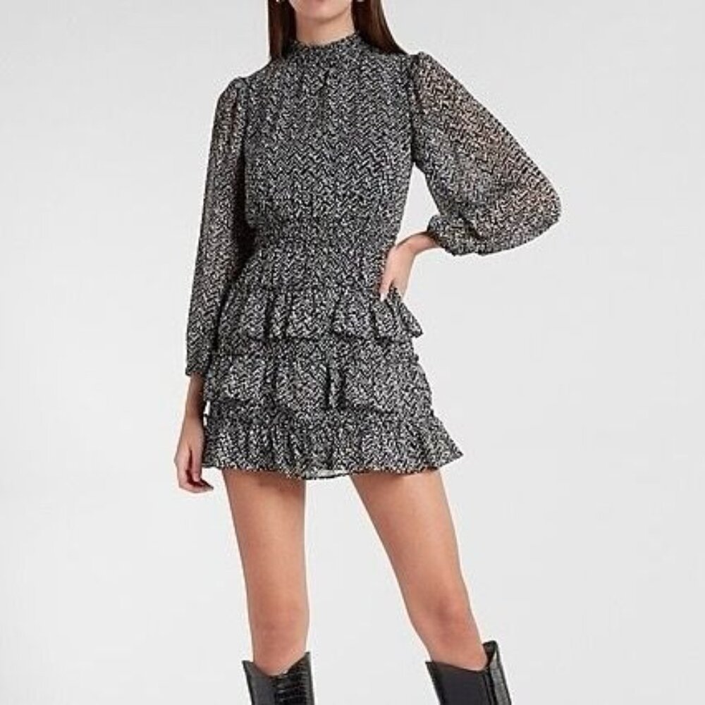 Express Black White Speckled Smocked Mock Neck Tiered Ruffle Mini Dress Size Sma